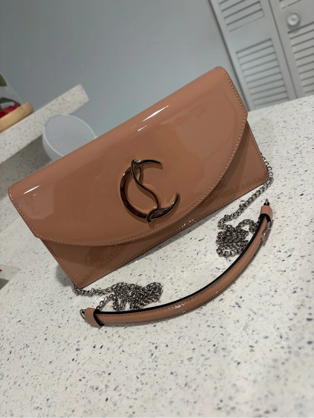 Christian Louboutin Blush Patent Leather Clutch with Removable Chain